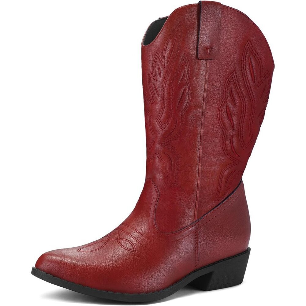 mysoft Women's Red Western Cowboy Boots Mid Calf Pointed Toe Cowgirl